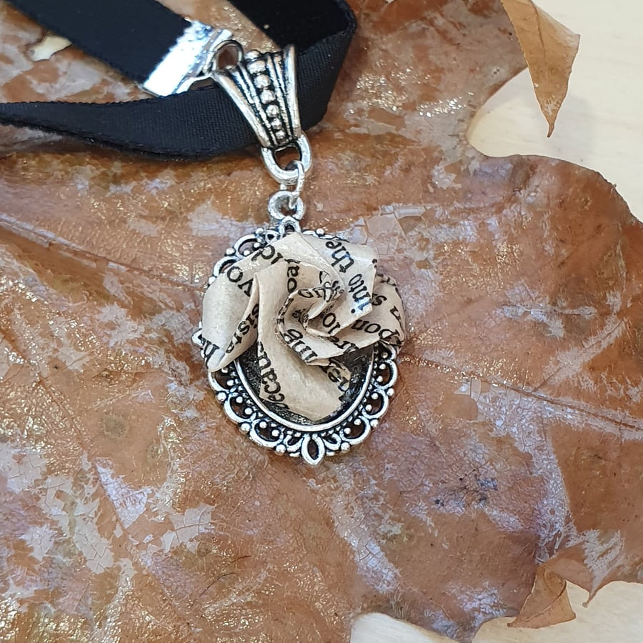 Dracula Book Origami Rose Choker: Gothic Victorian Necklace, recycled paper