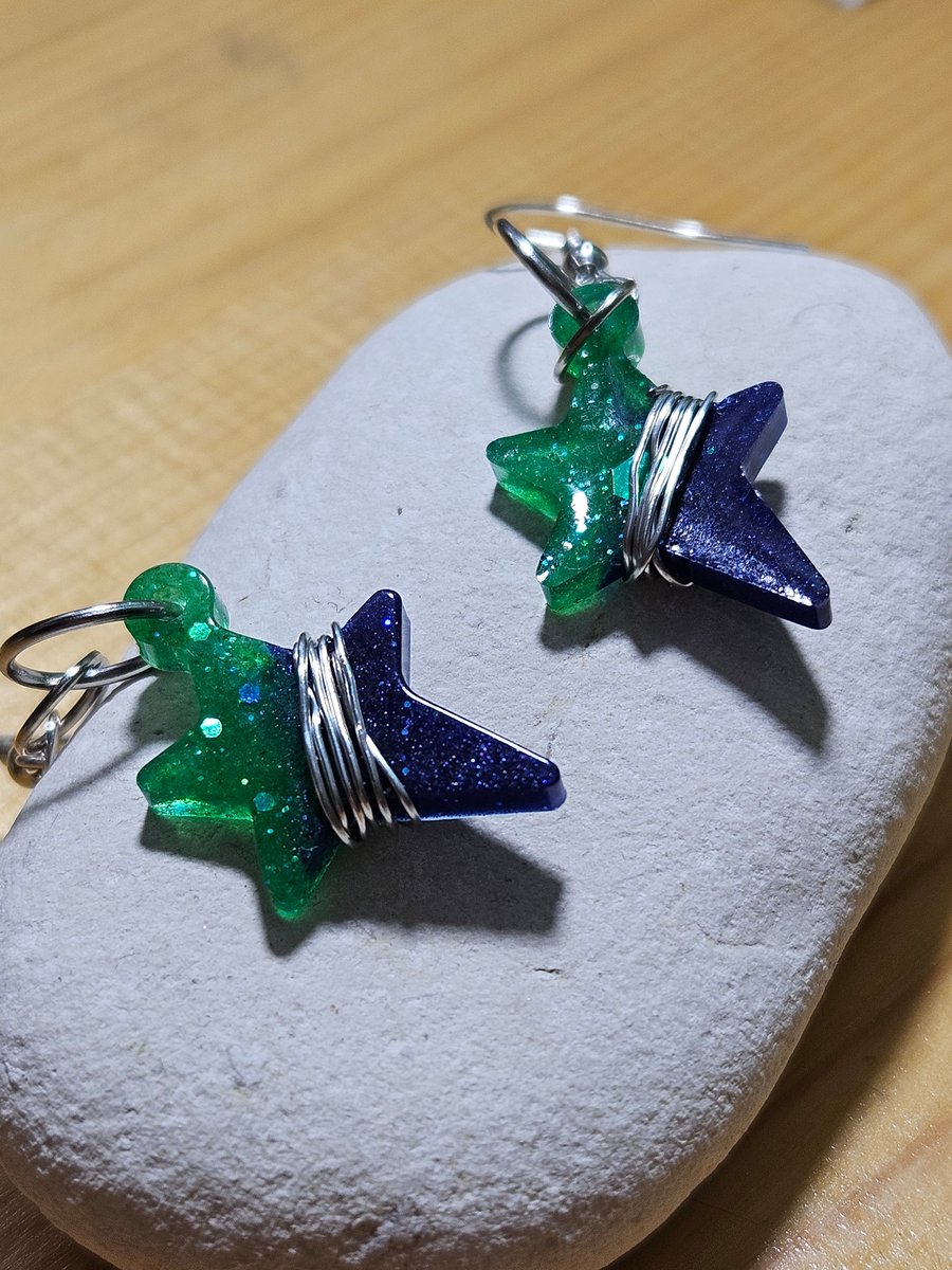 star shape earrings, two tones green-blue unique jewellery gift 