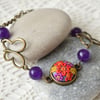 Purple Beaded Bracelet with Polymer Clay Cabochon