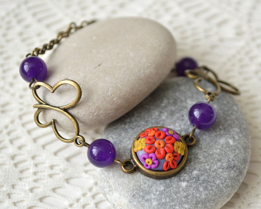 Purple Beaded Bracelet with Polymer Clay Cabochon