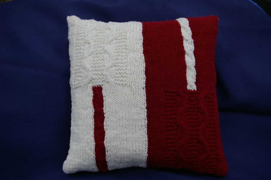 Cushion Hand Knitted Cable Cushion in Burgundy Red and White