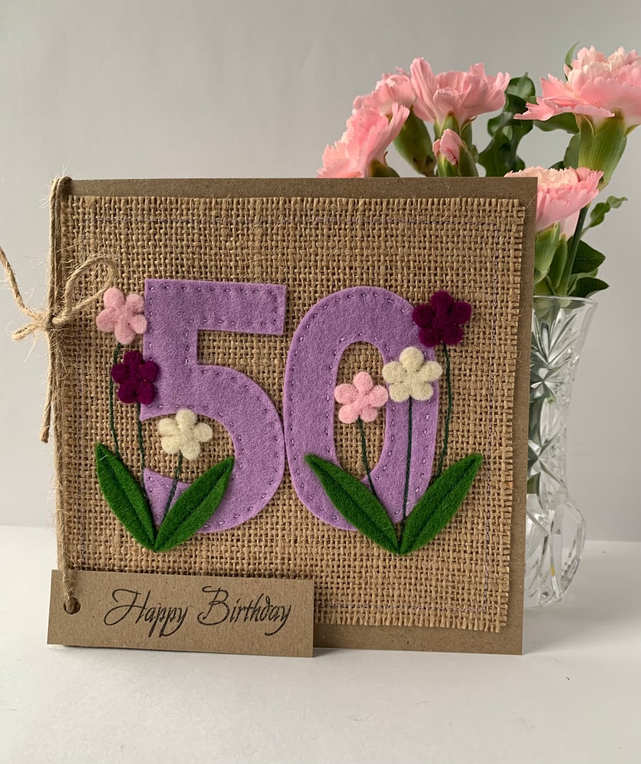 Handmade 50th Birthday Card from felt. Keepsake Card. Textile Card.