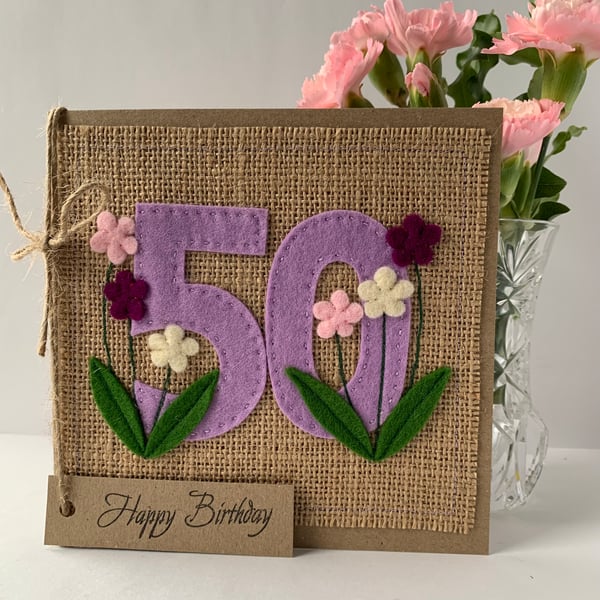 Handmade 50th Birthday Card from felt. Keepsake Card. Textile Card.