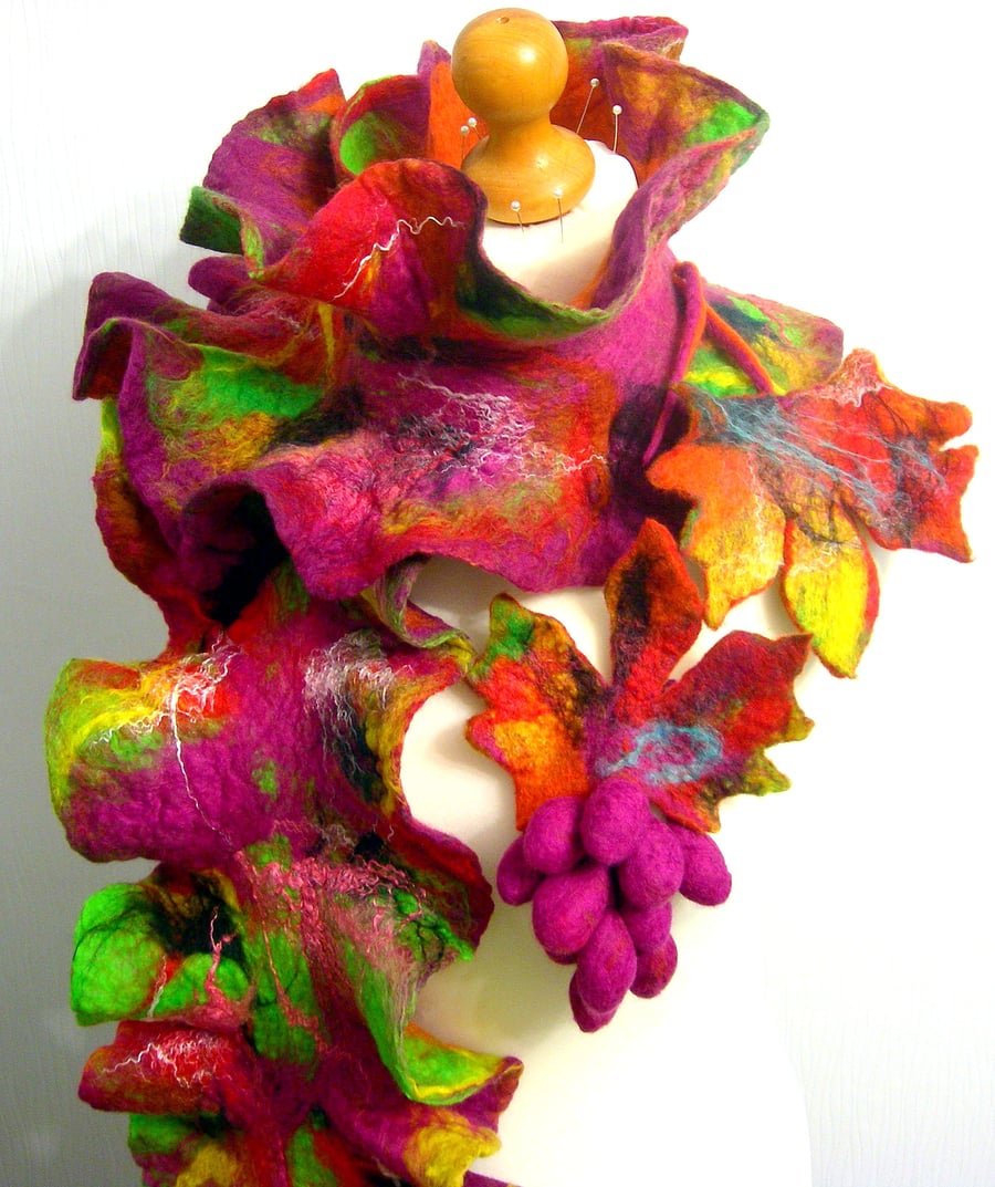 Hand Felted, Wool felted soft ART SCARF and  brooch  -RED VINE-