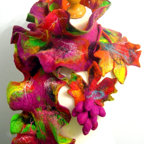 Hand Felted, Wool felted soft ART SCARF and  brooch  -RED VINE-