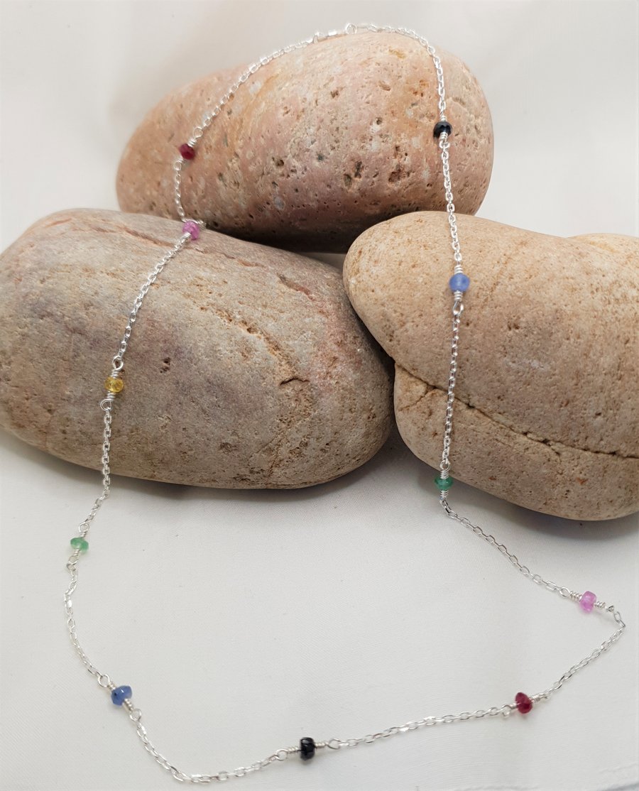 Rainbow Sapphire Beaded Necklace, Natural Undyed Gems, Ruby Emerald and Sapphire