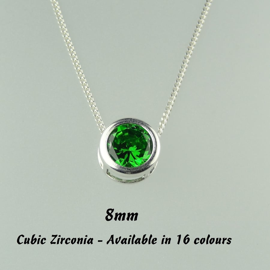 16 colour options - Sterling silver 8mm slider floating Cubic Zirconia necklace