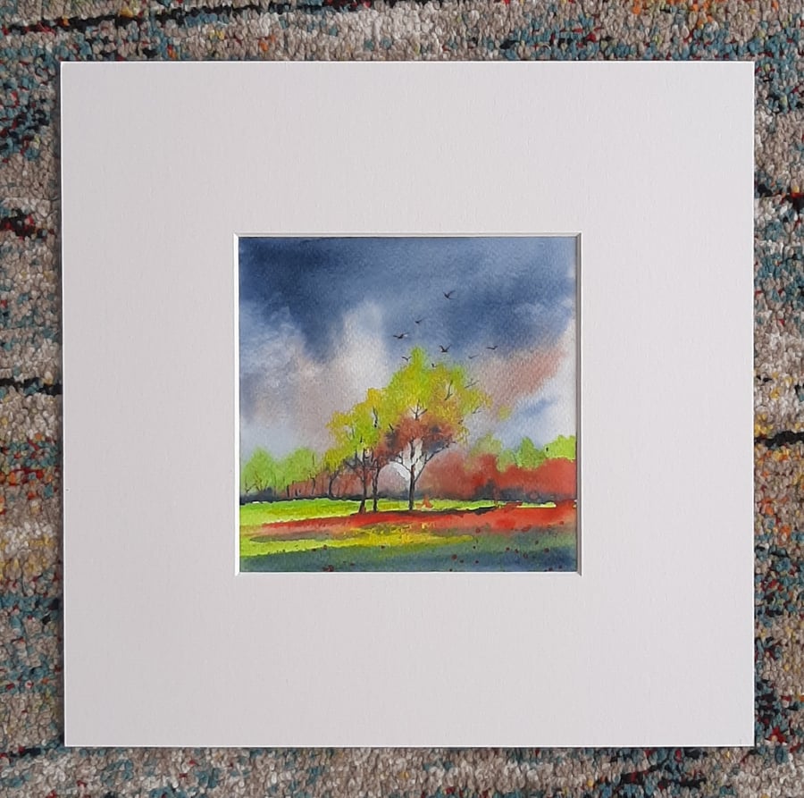 Stormy Light. Watercolour Landscape in Autumn Colours. Ready to Frame. 