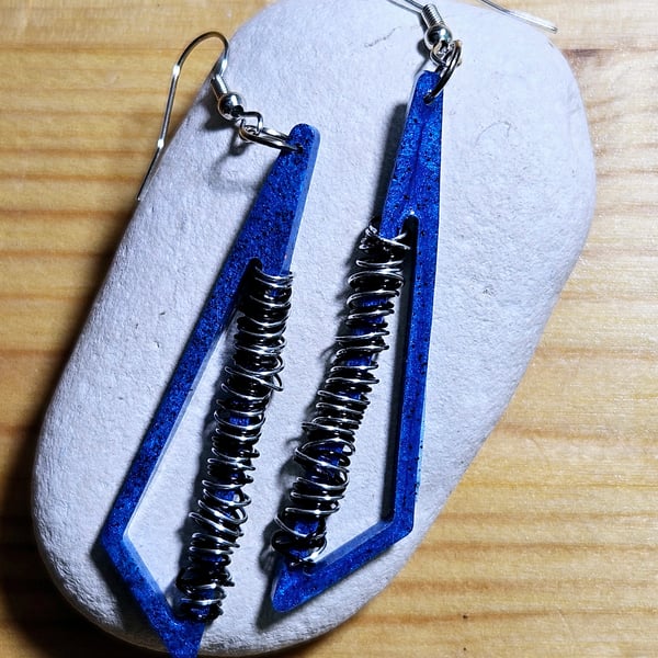 Long blue earrings triangle shape, handmade little gift idea 