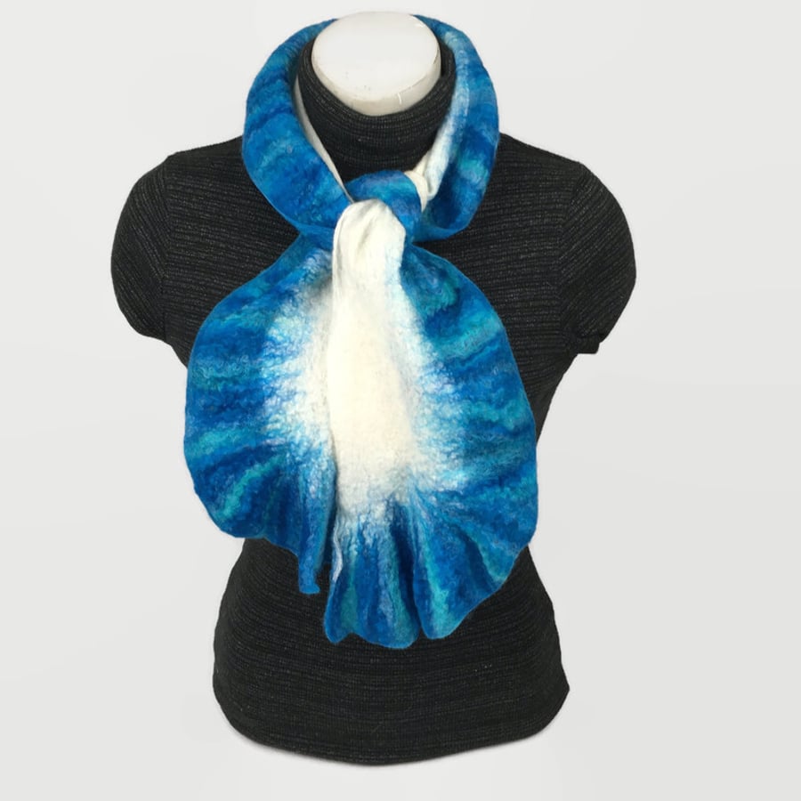 Seconds Sunday - Merino wool nuno felted scarf with ruffled border in  blue
