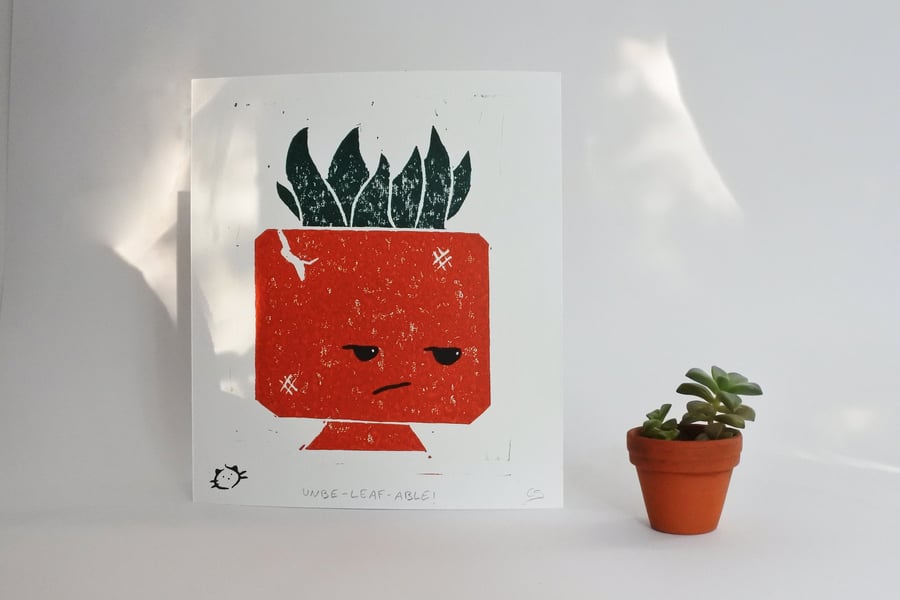 Unbe-leaf-able! – Original Plant-themed Handmade Lino print