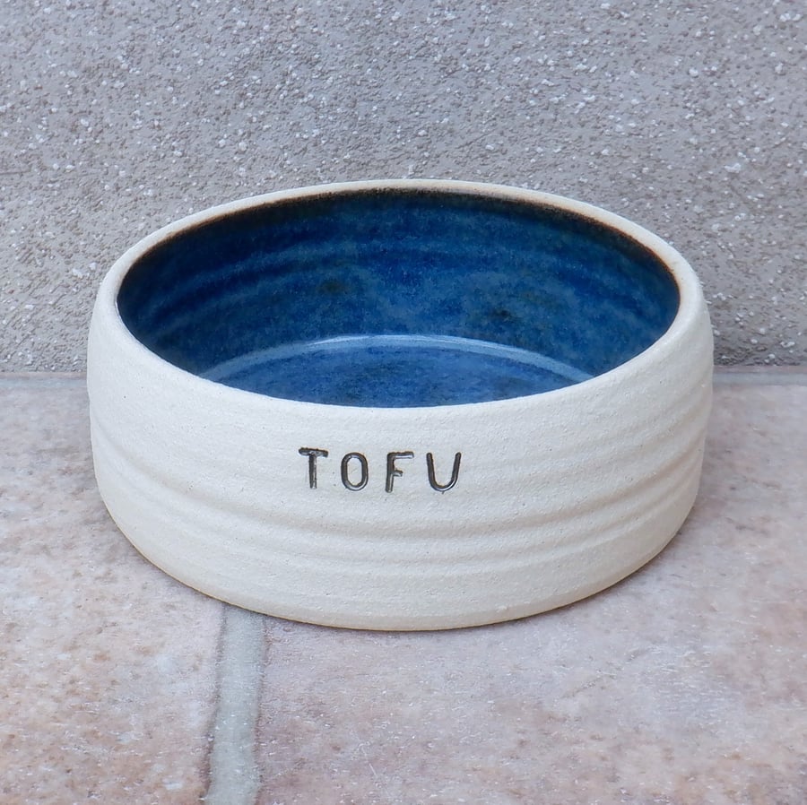 Personalised medium dog food water bowl wheel thrown stoneware pottery hand 