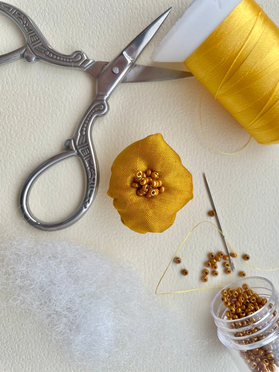 Buttercup flower brooch pin, silk beaded ladies felt flower pin 