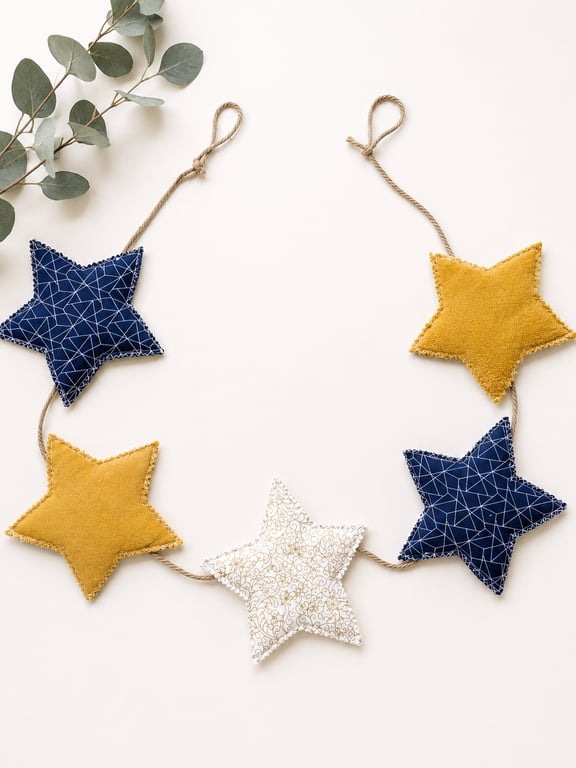 Navy, Mustard & Gold Star Fabric Bunting – Handmade Garland