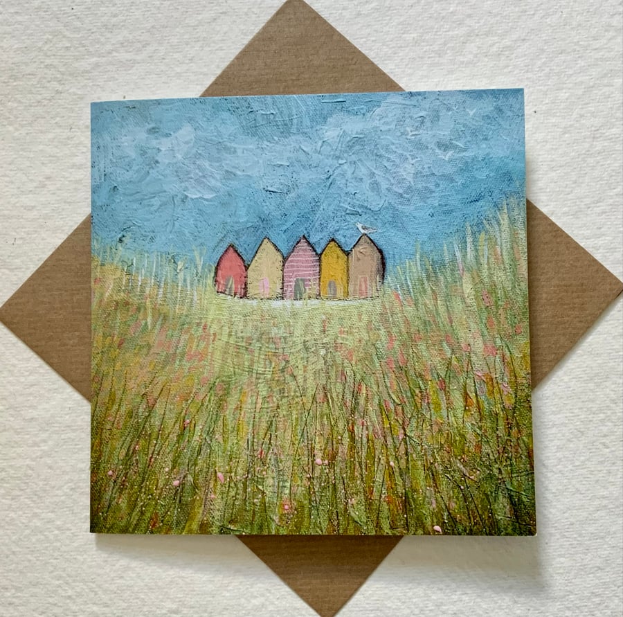 Beach Huts,  blank greetings card