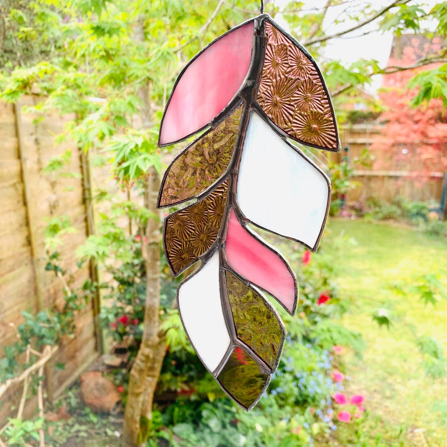 Stained Glass Feather Suncatcher - Handmade Window Decoration - Pink