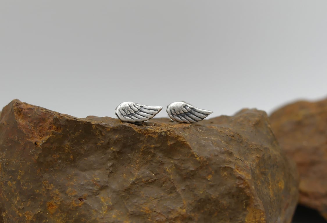 Recycled Sterling Silver Angel Wings Stud Earrings.