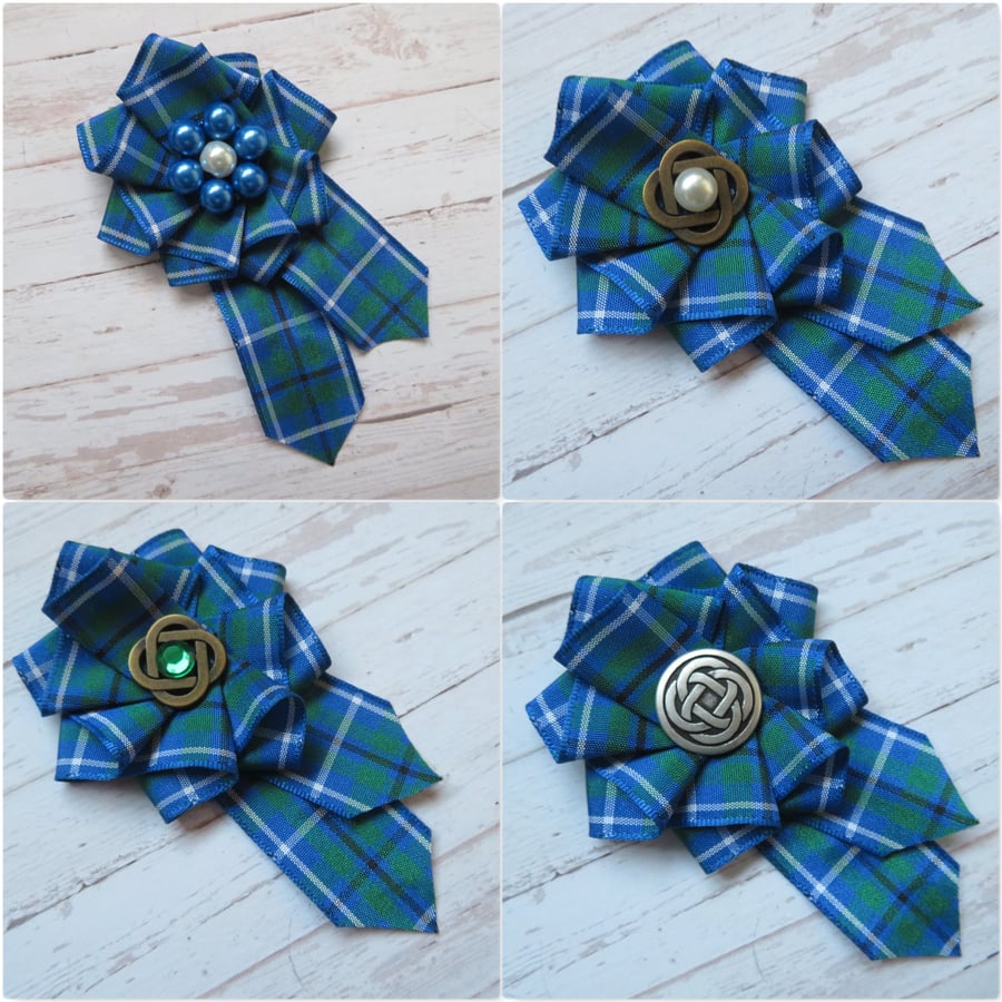 Douglas Ancient Blue Tartan Ruffle Rosette Mini Brooch Pin Scottish Plaid Ribbon