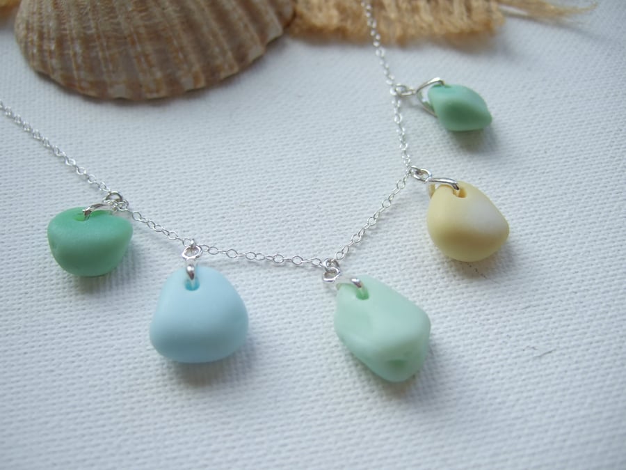 Seaham Milk Sea Glass Necklace, Sterling Silver 18" Yellow Blue Green Mix