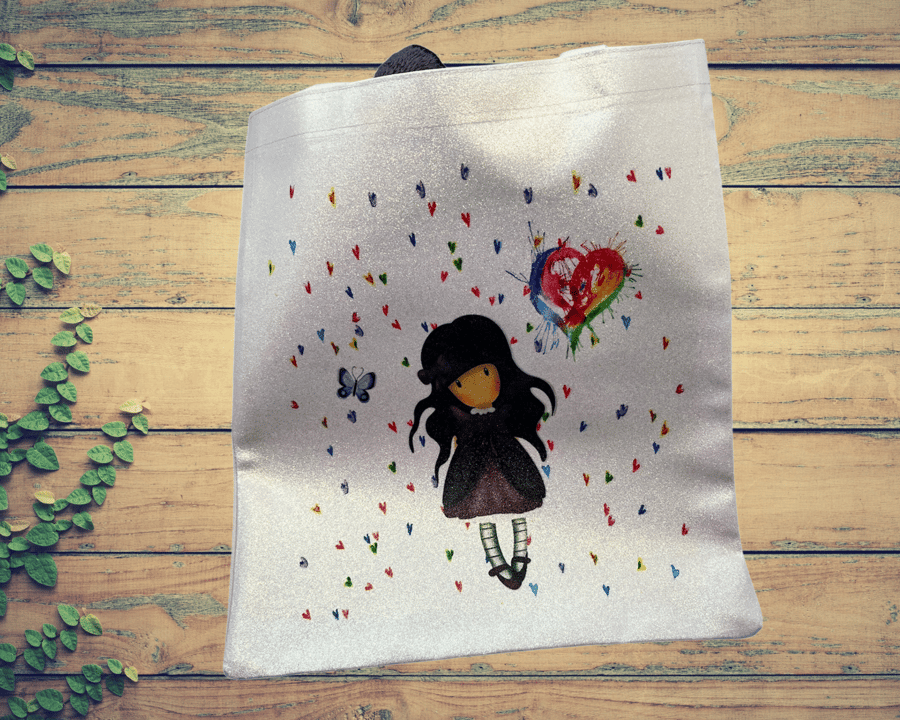 Vibrant glitter effect tote bag with rag doll and watercolour hearts 