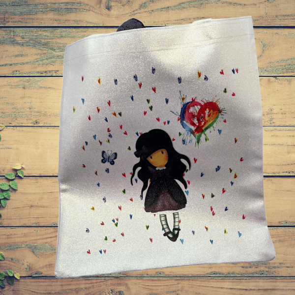 Vibrant glitter effect tote bag with rag doll and watercolour hearts 