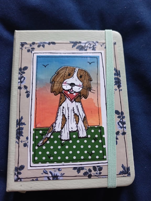 Quirky art, spaniel dog A6 lined hand decorated quirky dog journal , notebook