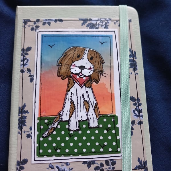 Quirky art, spaniel dog A6 lined hand decorated quirky dog journal , notebook