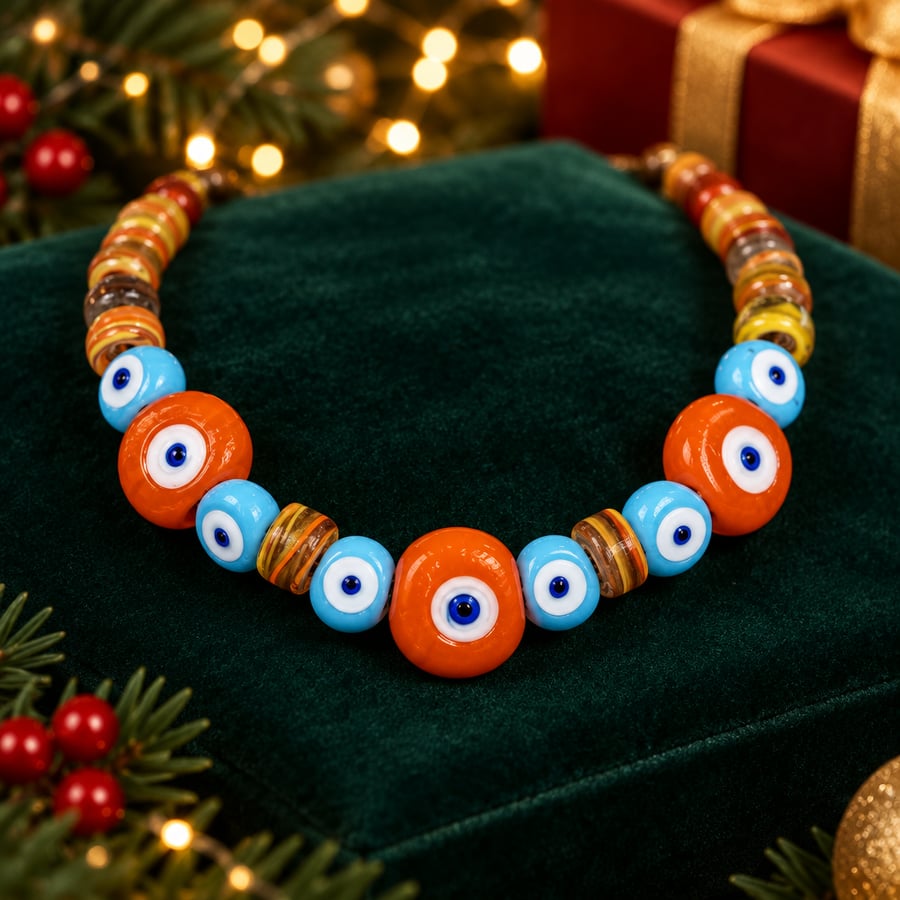 Turkish Glass Evil Eye Boho Necklace Adjustable Cord Handmade Glass Beads