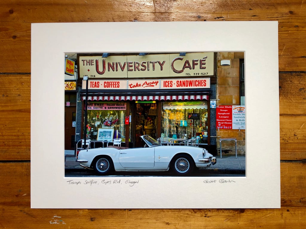 Classic Triumph Spitfire, Glasgow Signed Mounted Print FREE DELIVERY