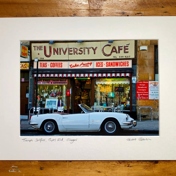 Classic Triumph Spitfire, Glasgow Signed Mounted Print FREE DELIVERY
