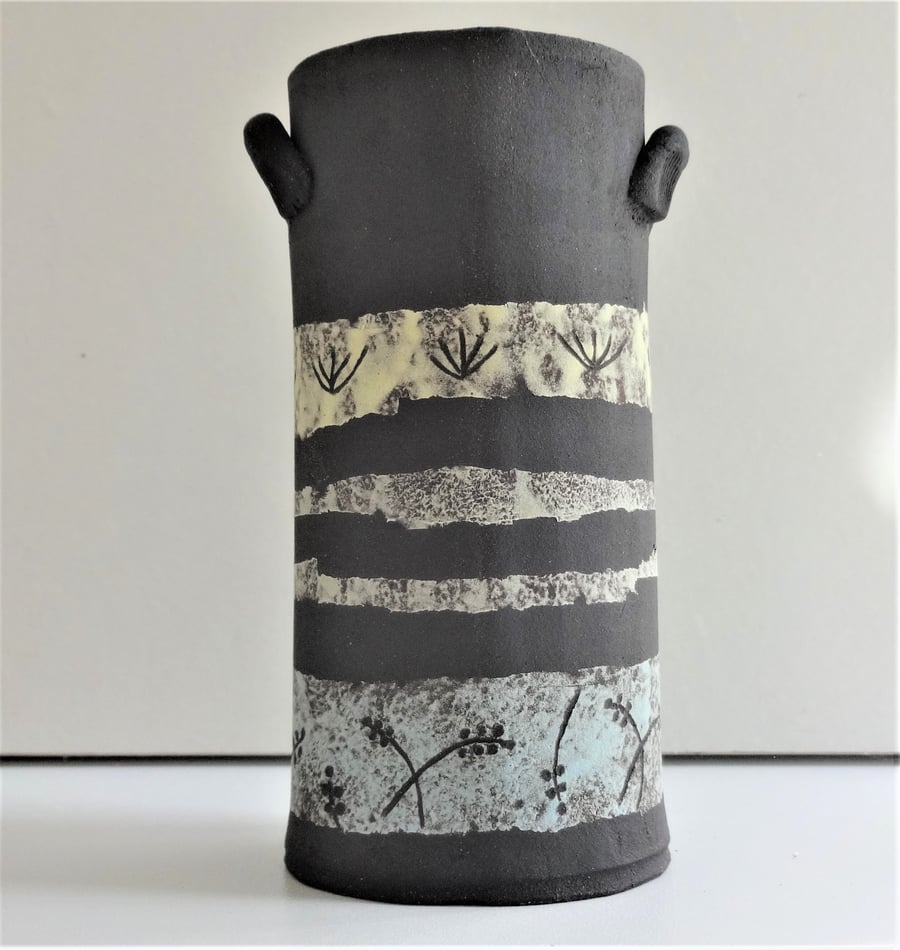 Abstract art vase, black ceramic, bands of pastel colours, original gift, modern