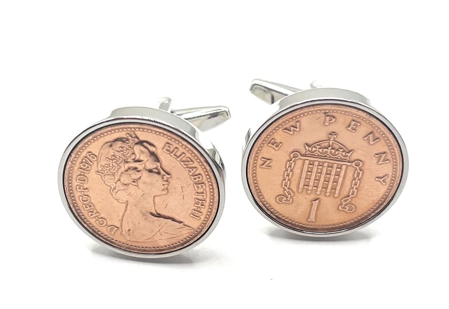 1976 50th Birthday Anniversary 1 pence coin cufflinks - One pence cufflinks from