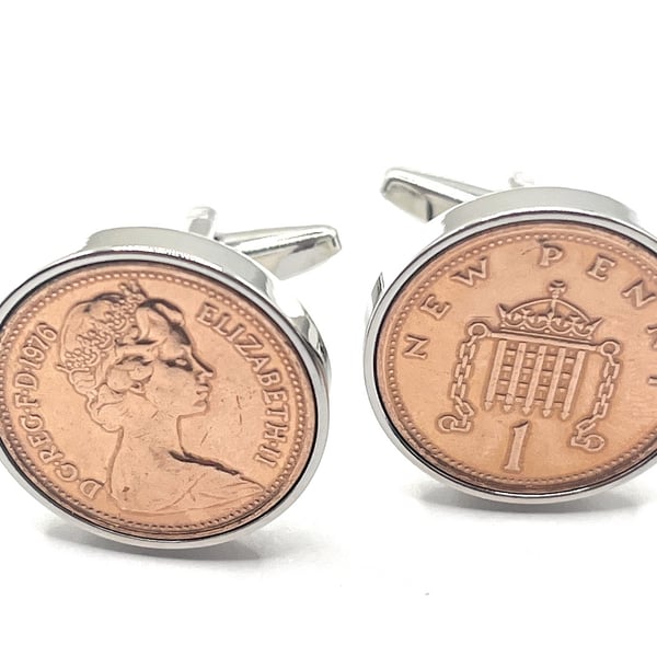1976 50th Birthday Anniversary 1 pence coin cufflinks - One pence cufflinks from