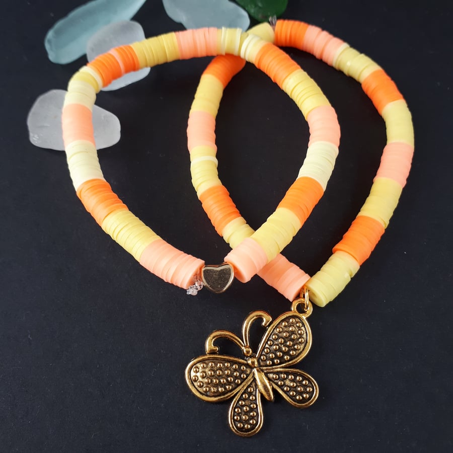 Set of 2 Clay Beaded Stretch Bracelets Butterfly Orange Yellow Small 7 Inch, C54