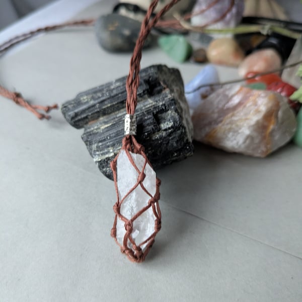 Macrame necklace with clear quartz point