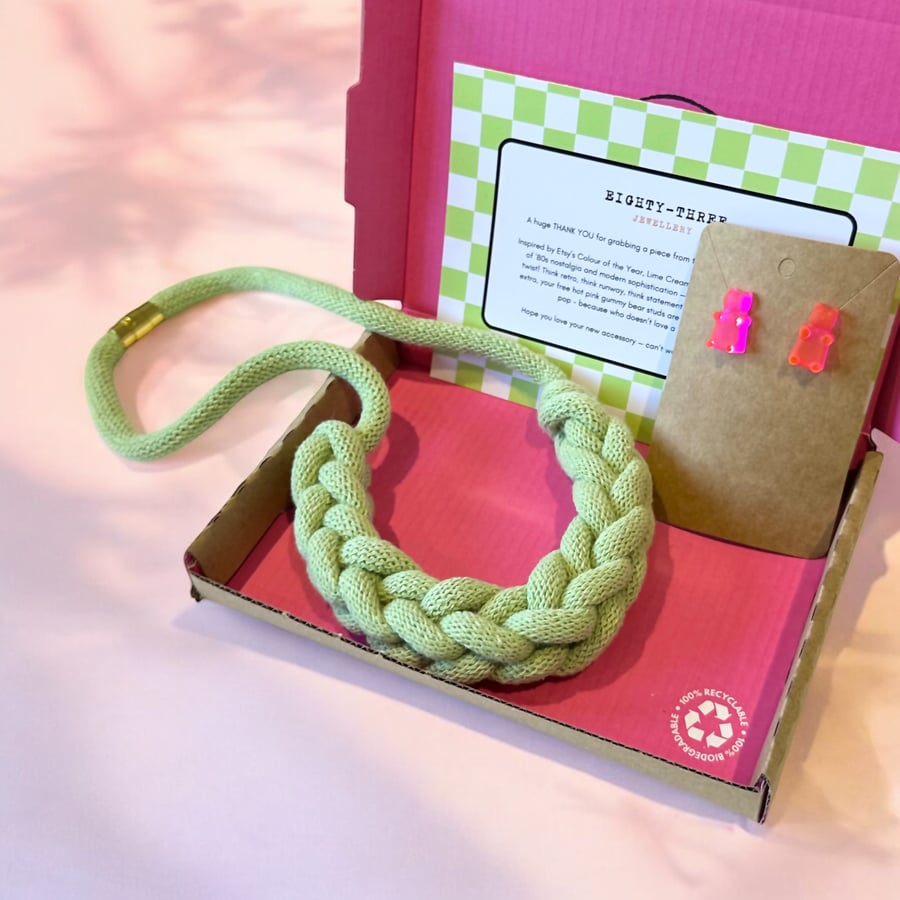 Lime Cream Chunky Braided Macrame Necklace with Hot Pink Gummy Bear Earrings