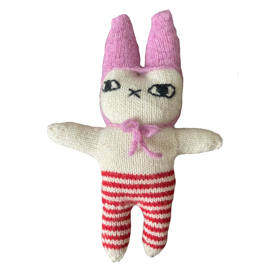 Hand knitted pink and red rabbit toy - Folksy