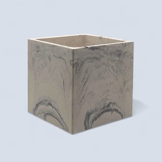 Handmade white marbled cube plant pot, 10cm indoor planter