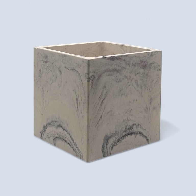 Handmade white marbled cube plant pot, 10cm indoor planter