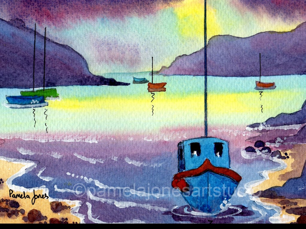 Boats Solva Harbour, Pembrokeshire, Wales, Watercolour, In 10 x 8 " Mount