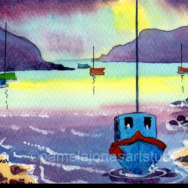 Boats Solva Harbour, Pembrokeshire, Wales, Watercolour, In 10 x 8 " Mount