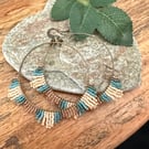 Large bohemian beadwork hoop fringe earrings in blue and bronze