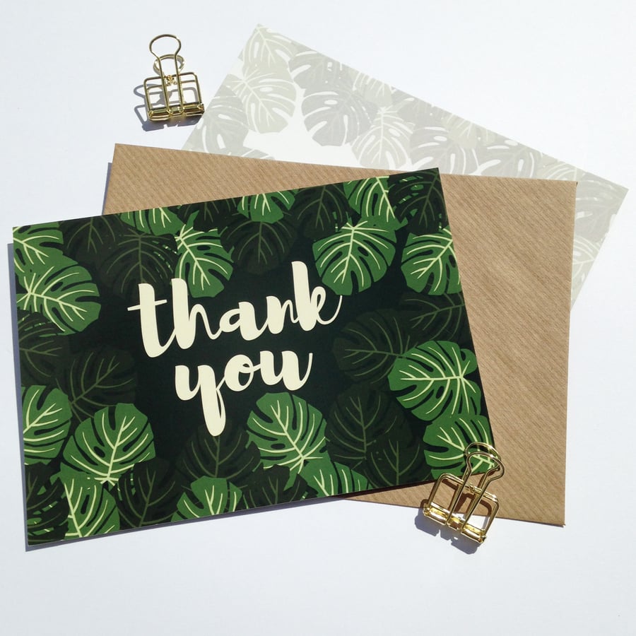 Pack of 10 Thank You Postcards with Brown Kraft Envelopes - Monstera