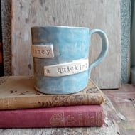 personalised rustic mug,tea cup, abstract linocut design large pale blue