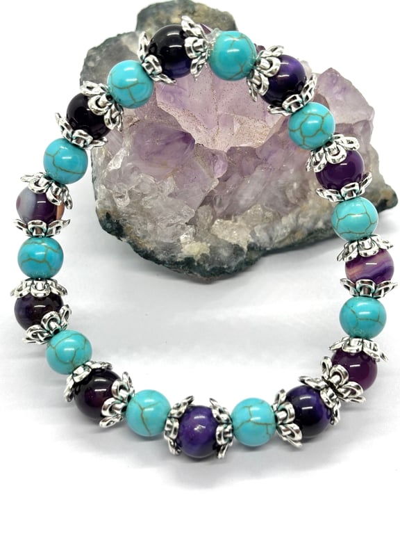  Stretch Beaded Bracelet,Turquoise Howlite and Purple Stripe Agate,