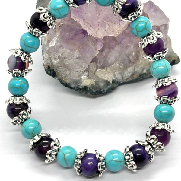 Turquoise and Purple gemstone Stretch Beaded Bracelet