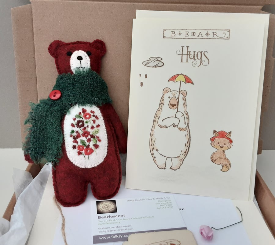 Letterbox teddy bear gift box, sending bear hugs, all occasions blank card