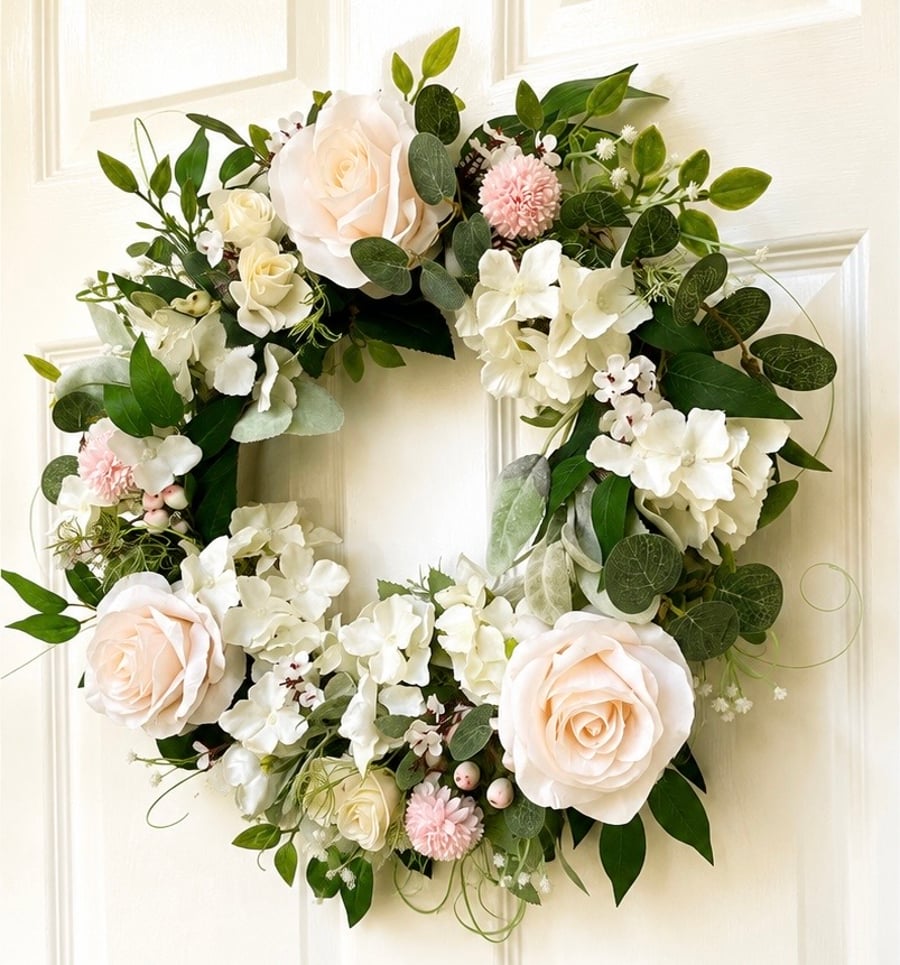 Handmade Blush Rose Door Wreath - White Hydrangea - English Country
