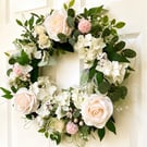 Handmade Blush Rose Door Wreath - White Hydrangea - English Country