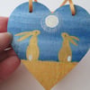 Bunny Rabbit Golden Hare Hanging Heart Wooden Decoration Hand Painted ooak art